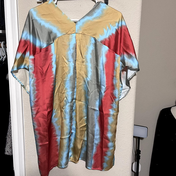 ADRIENNE Mod Kimono Satin Colorful Striped Caftan Top sz M Boho Retro USA - Picture 6 of 7